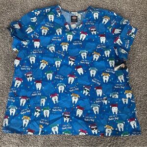 Dickies Blue Dental Print Scrub Top with Tooth Characters